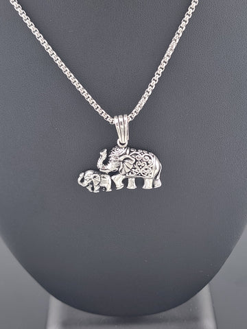 Sterling Silver Two Elephant Necklace – Mother & Baby Design