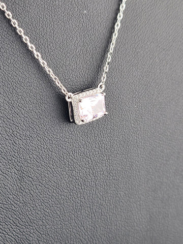 New Sterling Silver 925 Necklace – Pink Rectangle Gemstone Pendant