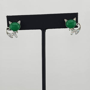 Whimsical Cat Earrings in Brass with Jade Highlights