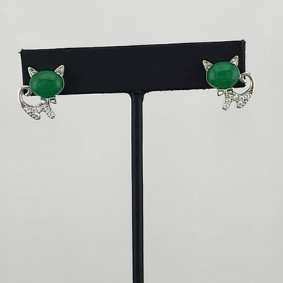 Whimsical Cat Earrings in Brass with Jade Highlights