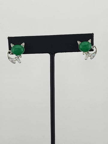 Whimsical Cat Earrings in Brass with Jade Highlights