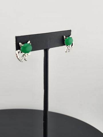 Whimsical Cat Earrings in Brass with Jade Highlights