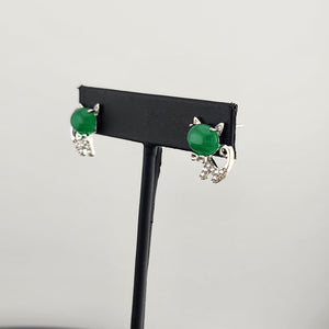 Whimsical Cat Earrings in Brass with Jade Highlights