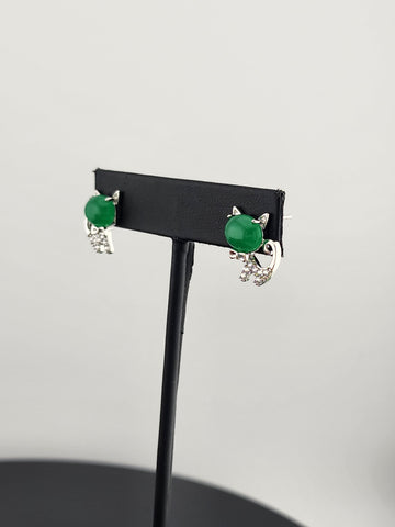 Whimsical Cat Earrings in Brass with Jade Highlights