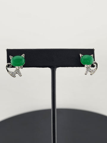 Whimsical Cat Earrings in Brass with Jade Highlights