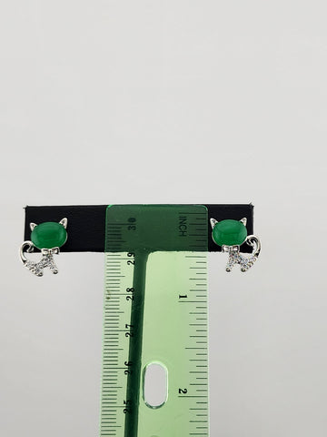 Whimsical Cat Earrings in Brass with Jade Highlights