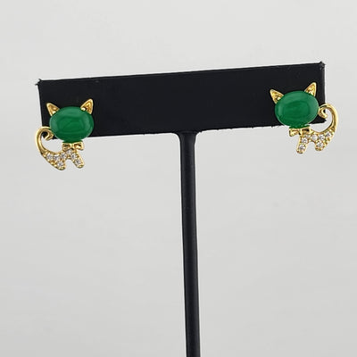 Whimsical Cat Earrings in Brass with Jade Highlights