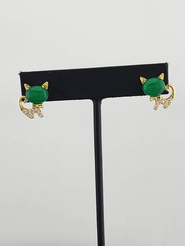 Whimsical Cat Earrings in Brass with Jade Highlights
