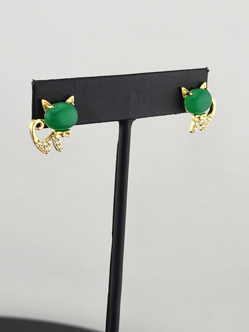 Whimsical Cat Earrings in Brass with Jade Highlights