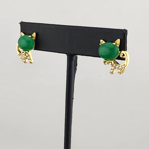 Whimsical Cat Earrings in Brass with Jade Highlights