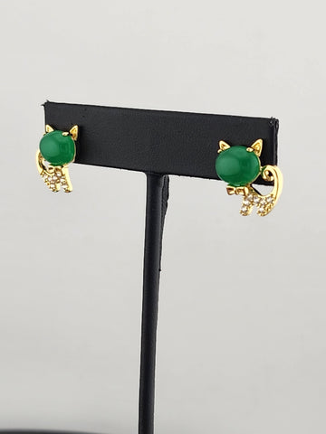 Whimsical Cat Earrings in Brass with Jade Highlights