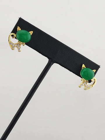 Whimsical Cat Earrings in Brass with Jade Highlights
