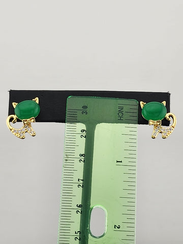 Whimsical Cat Earrings in Brass with Jade Highlights