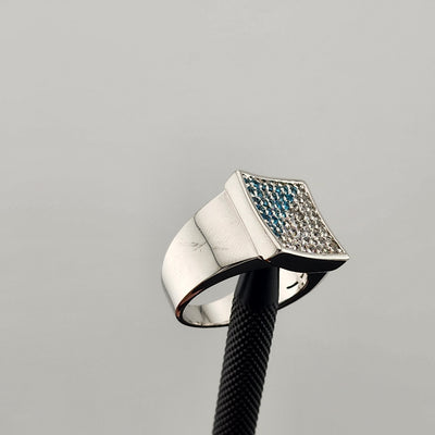 Elegant Square Design Sterling Silver Ring – Blue & White CZ (Brand New)