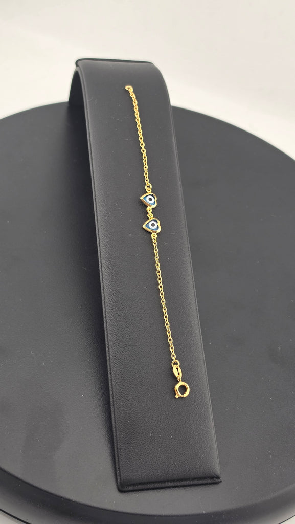 Brand New Brazilian 18K Gold Filled Double Heart Evil Eye Bracelet