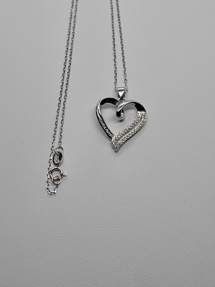 Brand New Sterling Silver 925 Heart Necklace w/ zirconia stones