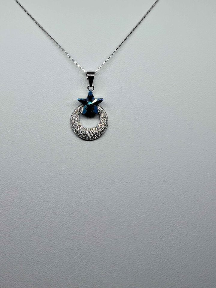 Brand New Sterling Silver 925 Blue Star with Moon Necklace