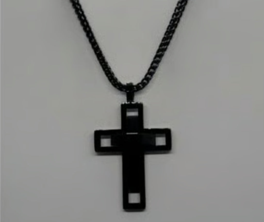 Brand New Black Stainless Steel Double Cross Necklace