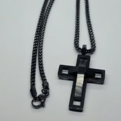 Brand New Black Stainless Steel Double Cross Necklace