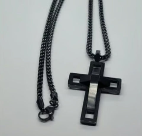 Brand New Black Stainless Steel Double Cross Necklace