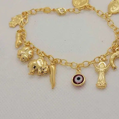 Brand New Brazilian 18k Gold Filled Red Evil Eye w/ Charms Bracelet