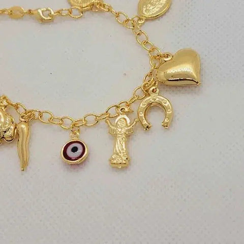 Brand New Brazilian 18k Gold Filled Red Evil Eye w/ Charms Bracelet