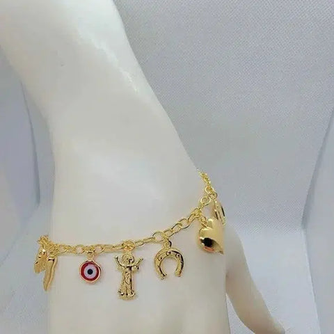 Brand New Brazilian 18k Gold Filled Red Evil Eye w/ Charms Bracelet