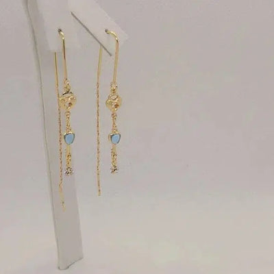 Brand New Brazilian 18k Gold Filled Dangle Heart Locket with Key Blue Gem Earrings