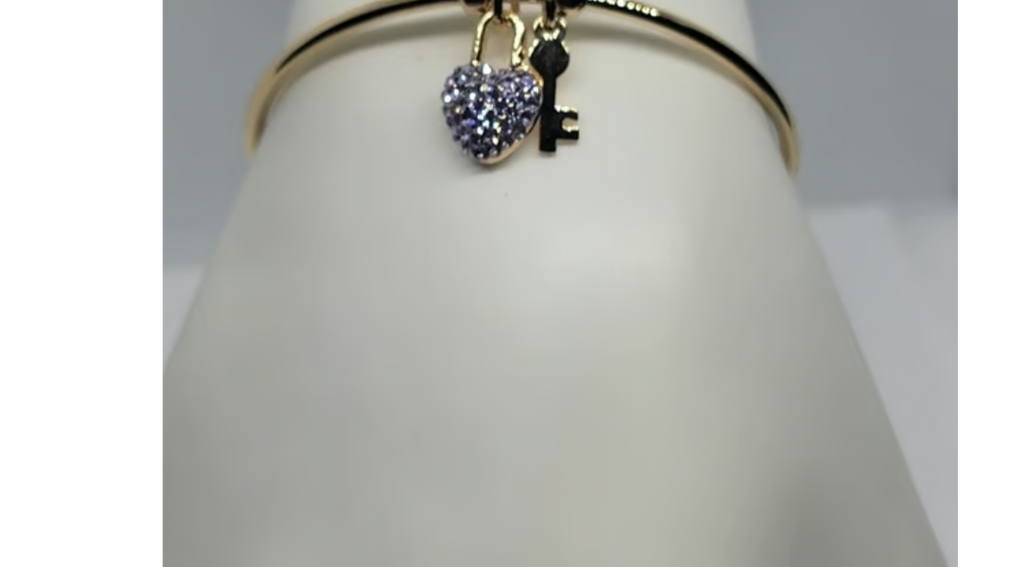 18K Gold-Plated Bracelet with Purple Heart & Key Charm | Brand New