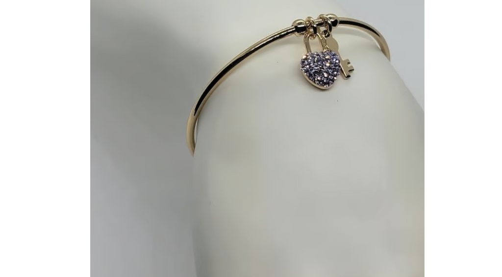 18K Gold-Plated Bracelet with Purple Heart & Key Charm | Brand New