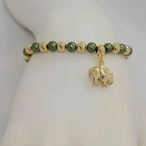 Brand New Brazilian 18k Gold Filled Elephant Green Beaded Bracelet