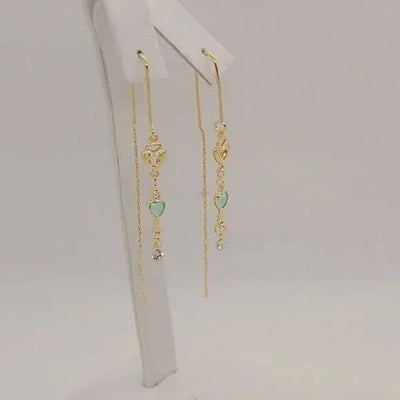 Brand New  Brazilian 18k Gold Filled Dangle Heart Locket with Key Green Gem Earrings