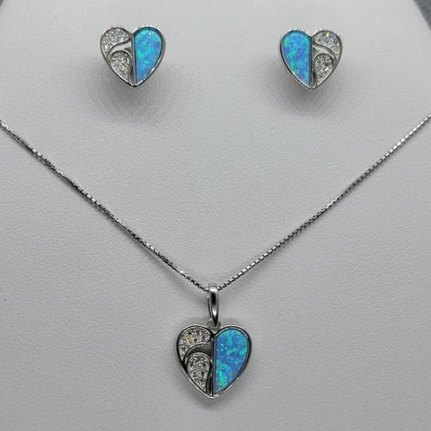 Brand New Sterling Silver 925 Heart blue opal Set Earrings and Necklace