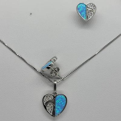 Brand New Sterling Silver 925 Heart blue opal Set Earrings and Necklace