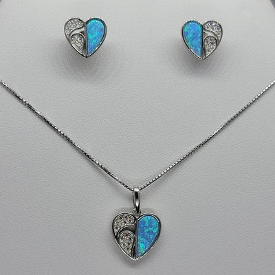 Brand New Sterling Silver 925 Heart blue opal Set Earrings and Necklace