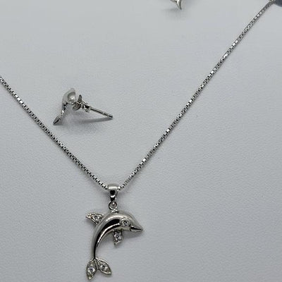 Brand New Sterling Silver 925 Dolphin with cz stones earrings and necklace set