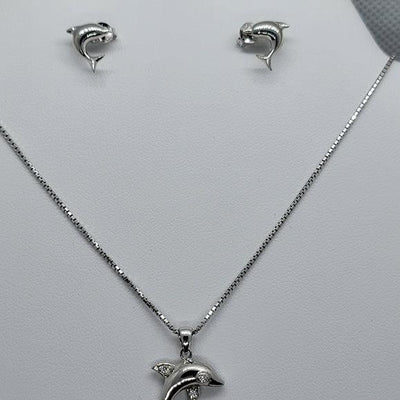 Brand New Sterling Silver 925 Dolphin with cz stones earrings and necklace set