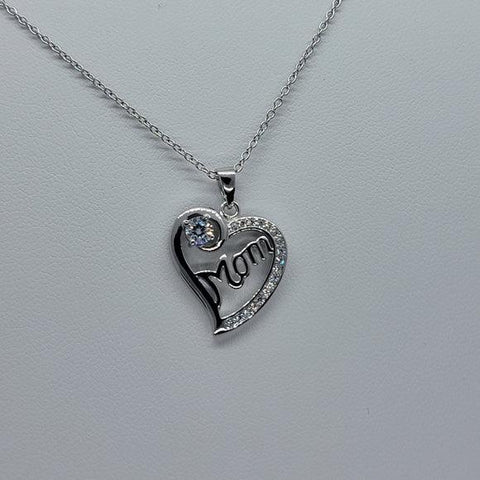 Brand New Sterling Silver 925 Heart with MOM w/ cubic zirconia stones & one gem Necklace