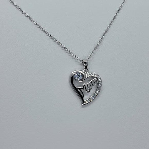 Brand New Sterling Silver 925 Heart with MOM w/ cubic zirconia stones & one gem Necklace