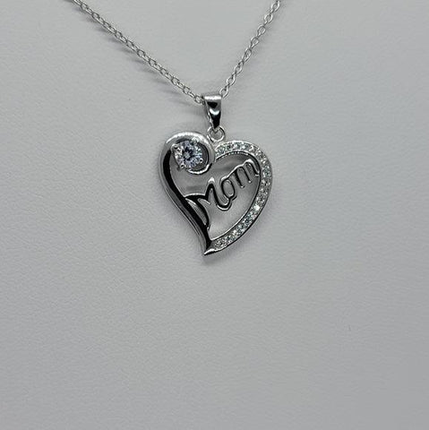 Brand New Sterling Silver 925 Heart with MOM w/ cubic zirconia stones & one gem Necklace