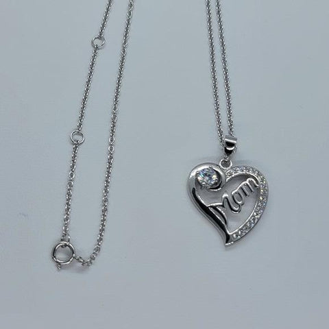 Brand New Sterling Silver 925 Heart with MOM w/ cubic zirconia stones & one gem Necklace