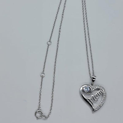 Brand New Sterling Silver 925 Heart with MOM w/ cubic zirconia stones & one gem Necklace