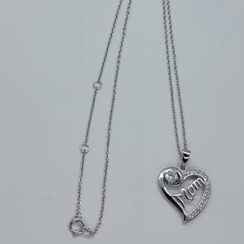 Brand New Sterling Silver 925 Heart with MOM w/ cubic zirconia stones & one gem Necklace