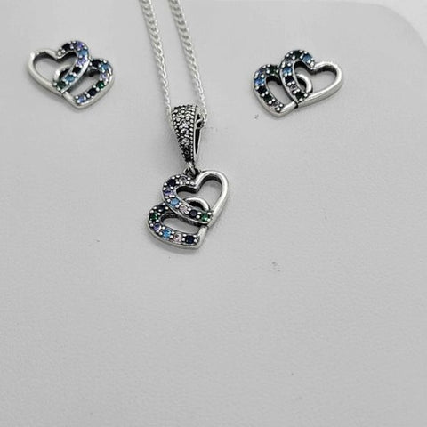 Brand New Sterling Silver 925 Blue Double HEARTS Earrings and Necklace set