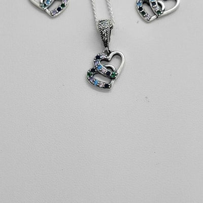 Brand New Sterling Silver 925 Blue Double HEARTS Earrings and Necklace set