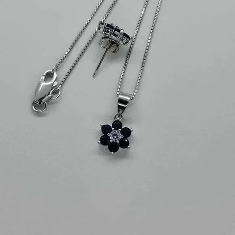 Brand New Sterling Silver 925 Blue CZ Stones Flower earrings and necklace set