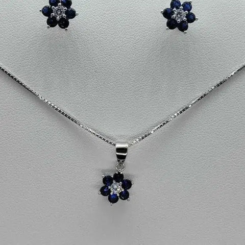 Brand New Sterling Silver 925 Blue CZ Stones Flower earrings and necklace set
