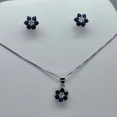 Brand New Sterling Silver 925 Blue CZ Stones Flower earrings and necklace set