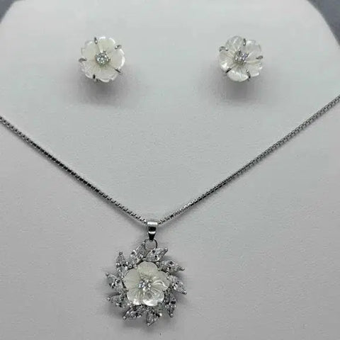 Brand New Sterling Silver 925 Flower white opal with cz stones earrings and necklace set