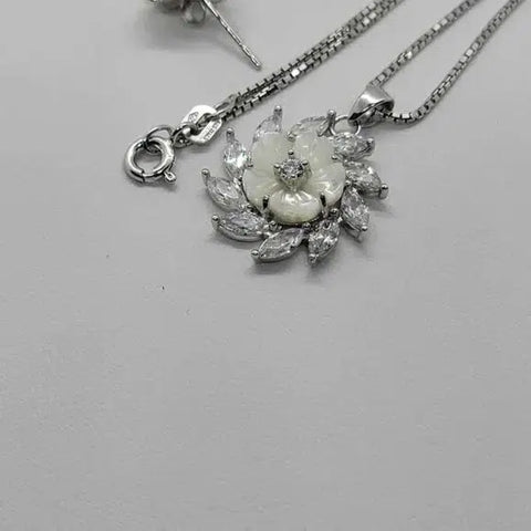 Brand New Sterling Silver 925 Flower white opal with cz stones earrings and necklace set